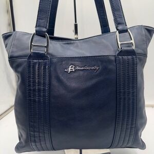 B. Makowsky Navy Blue Leather Tote Bag Leopard Print Lining Silver Hardware